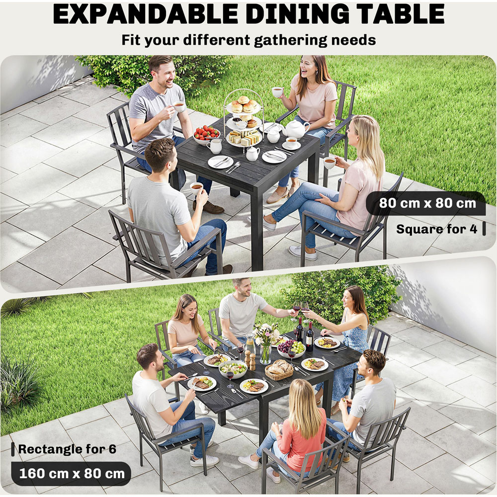 Outsunny 6 Seater 80-160cm Slatted Top Aluminium Extendable Garden Dining Table Black Image 7