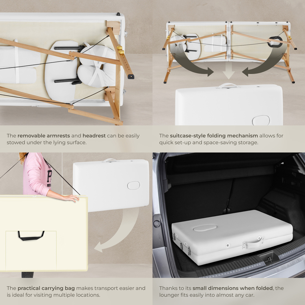 Massage Table - 2-zones with wooden frame, bolsters, carry bag, head and armrests - White Image 4