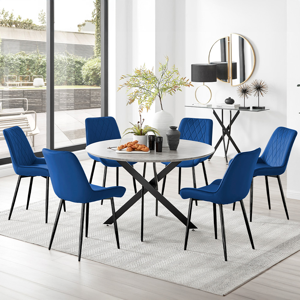 Furniturebox Arona Cesano Concrete Effect 6 Seater Round Dining Set Grey Black and Navy Image 1