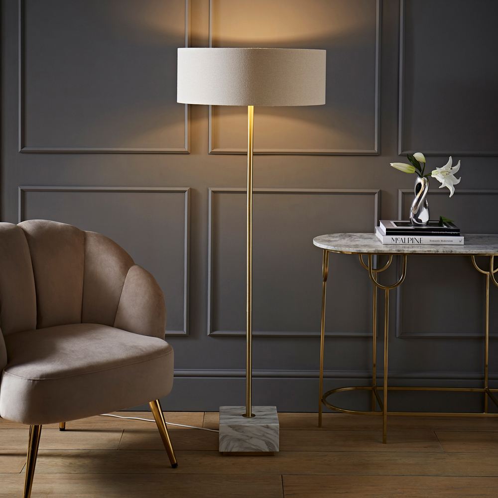 ValueLights Britney Natural Linen Drum Shade Marble LED Floor Lamp Image 2