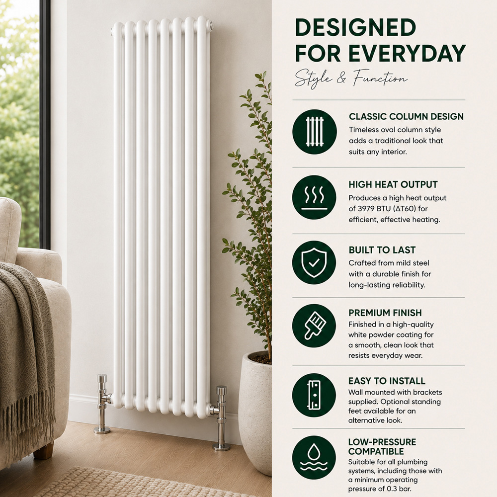 Go Bathrooms Uxbridge White Vertical Traditional Colosseum Radiator 1800 x 380mm Image 5
