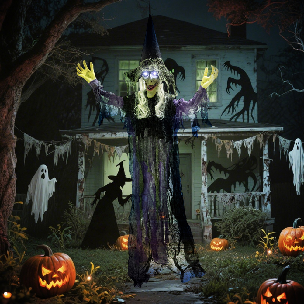 Outsunny Voice Activated Animatronics Purple Hanging Witch Halloween Decoration 6ft Image 2