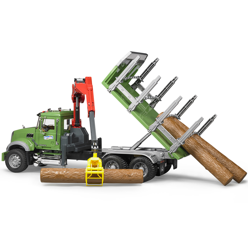 Bruder MACK Granite Timber Truck with Loading Crane Grab and 3 Trunks Image 9