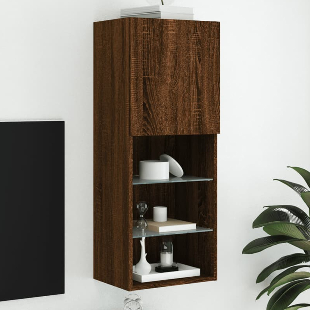 vidaXL Single Door 3 Shelf Brown Oak LED Wall Mounted TV Cabinet Image 1