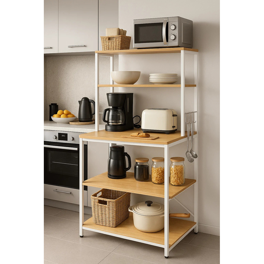 Modcraft 6 Shelf White Kitchen Storage Rack with 6 Hooks Image 3