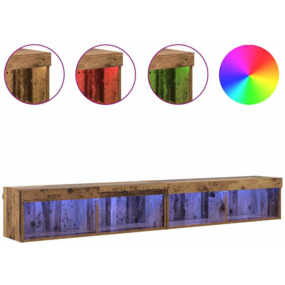 vidaXL 2 Shelf Old Wood Wall Mounted Wide TV Cabinet with LED Light 2 Pack Image 4