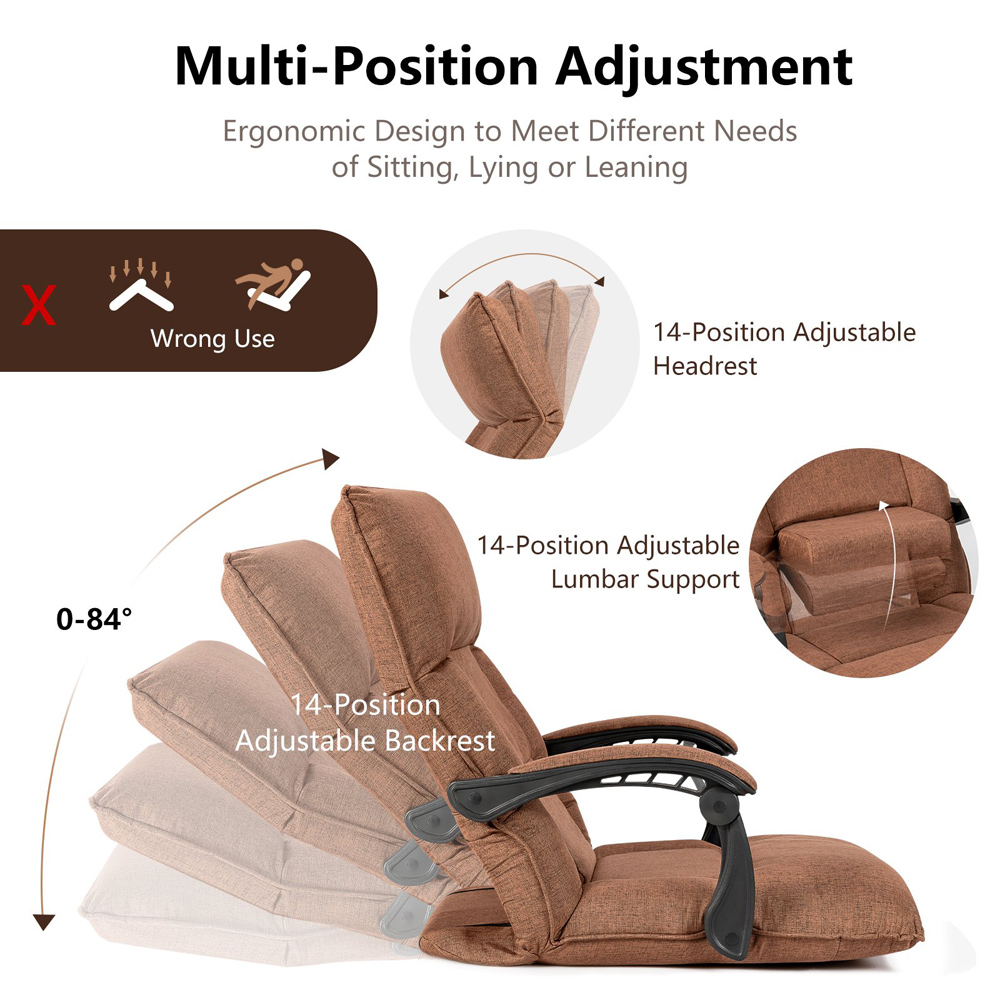 Costway Brown Floor Sofa Chair with Adjustable Backrest Image 4