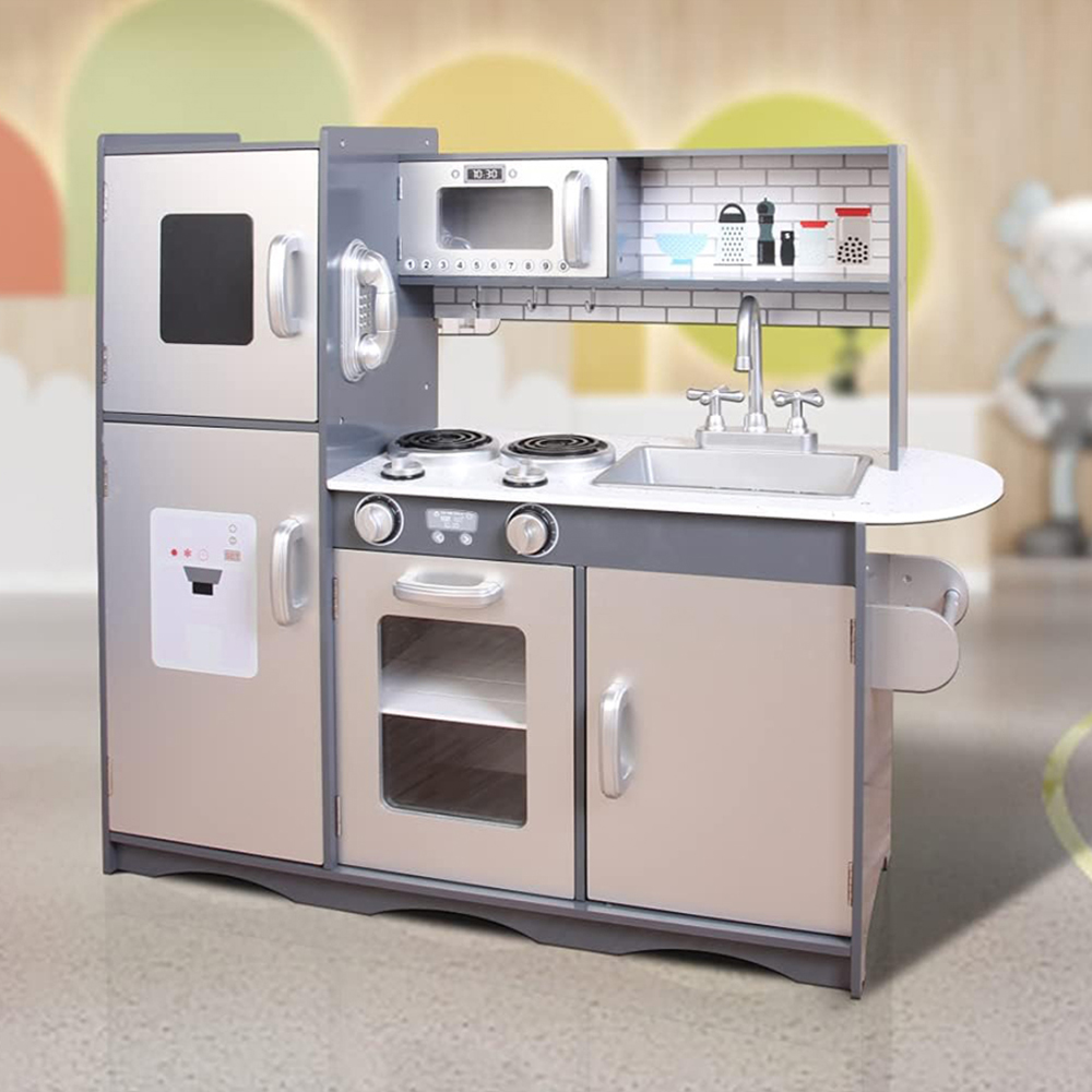 Kids Grey Wooden Pretend Kitchen Play Set Image 2