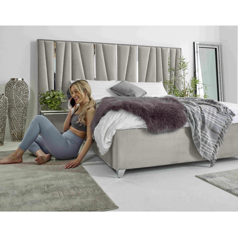 Eleganza Mila King Size Silver Plush Velvet Bed Frame with Lined Headboard Image 5