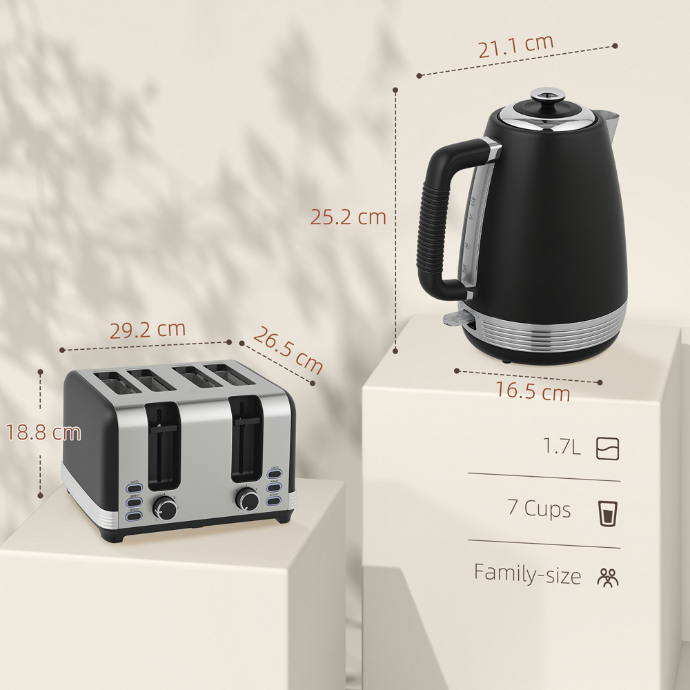 HOMCOM 800-267V70BK Black 1.7L Quick Boil Kettle 3000W and 4 Slice Toaster Set Image 9