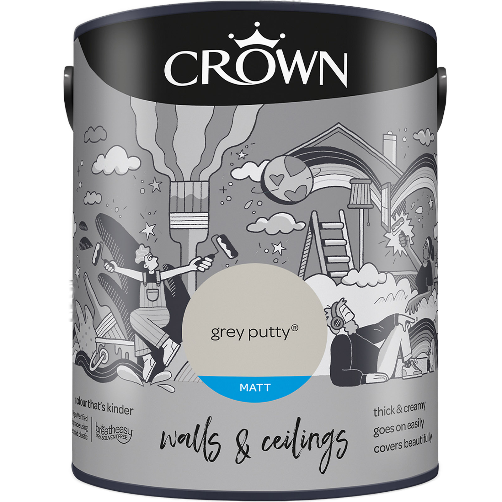 Crown Breatheasy Walls & Ceilings Grey Putty Matt Emulsion Paint 5L Image 2