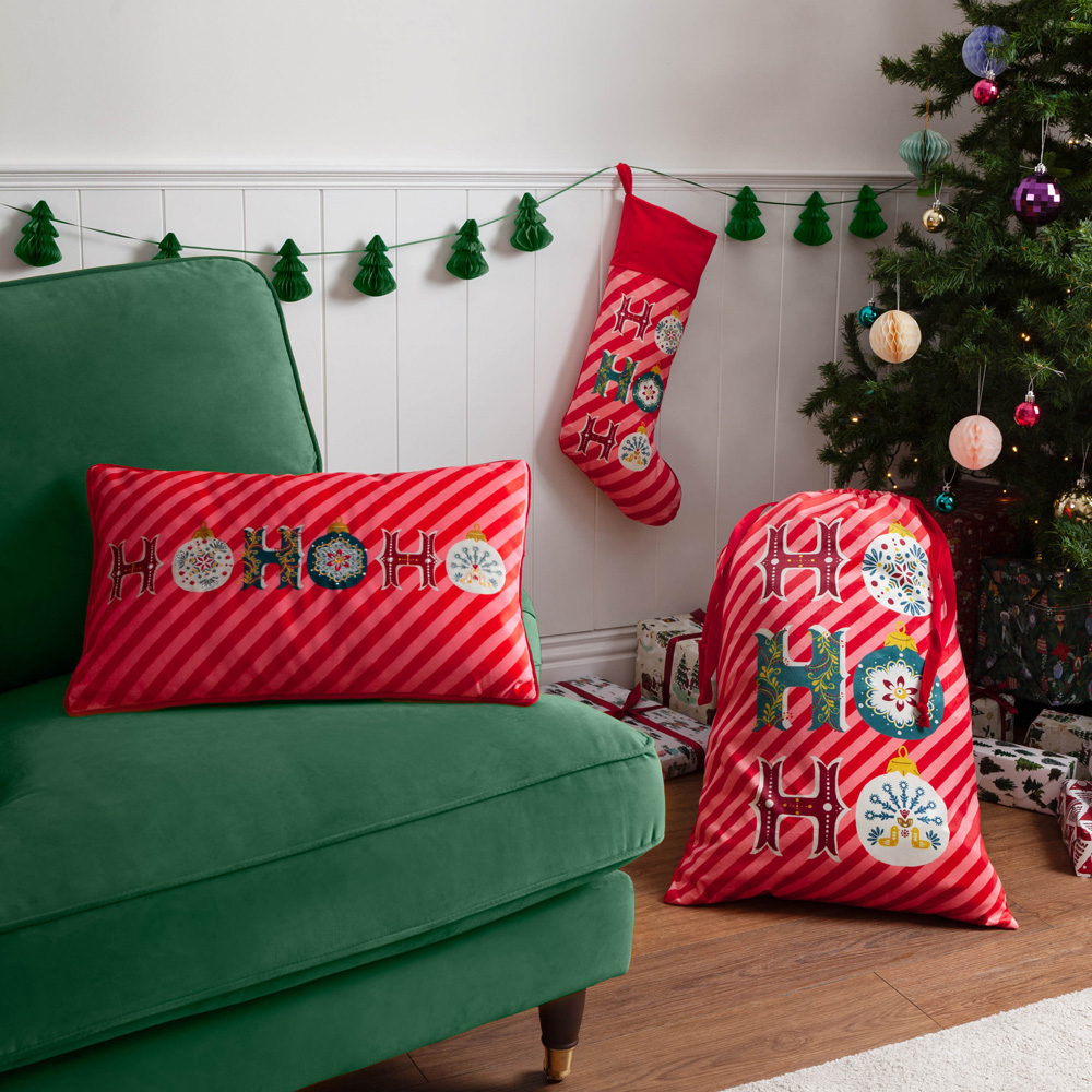 Evans Lichfield Christmas Red Ho Ho Ho Velvet Piped Reversible Cushion 30 x 50cm Image 5