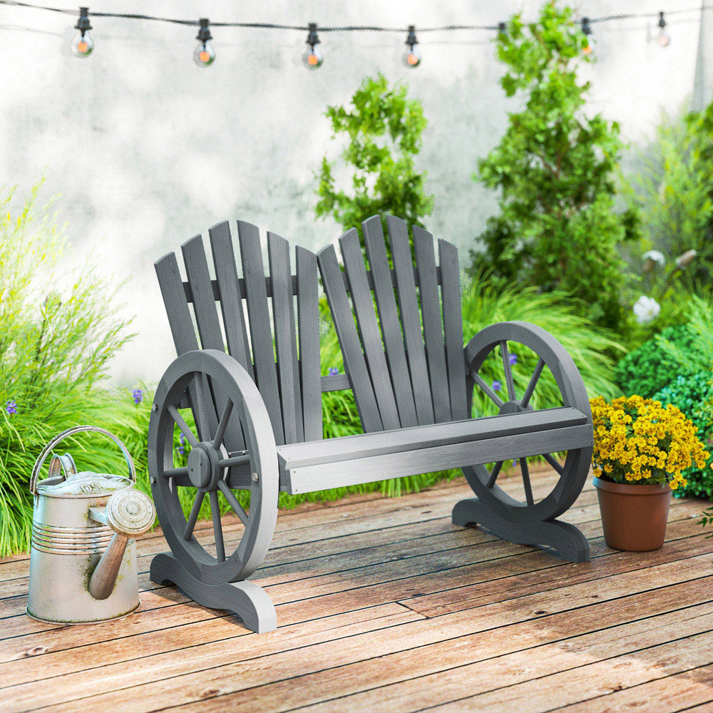 Outsunny 2 Seater Grey Garden Bench with Wheel Shaped Armrests Image 3