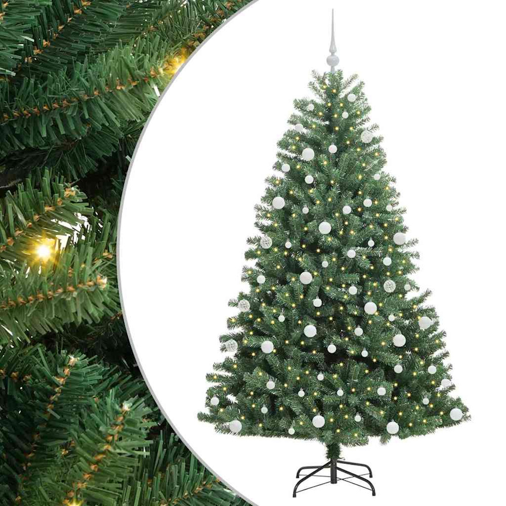 vidaXL Pre-Lit White Baubles Green Artificial Hinged Christmas Tree 6ft Image 2