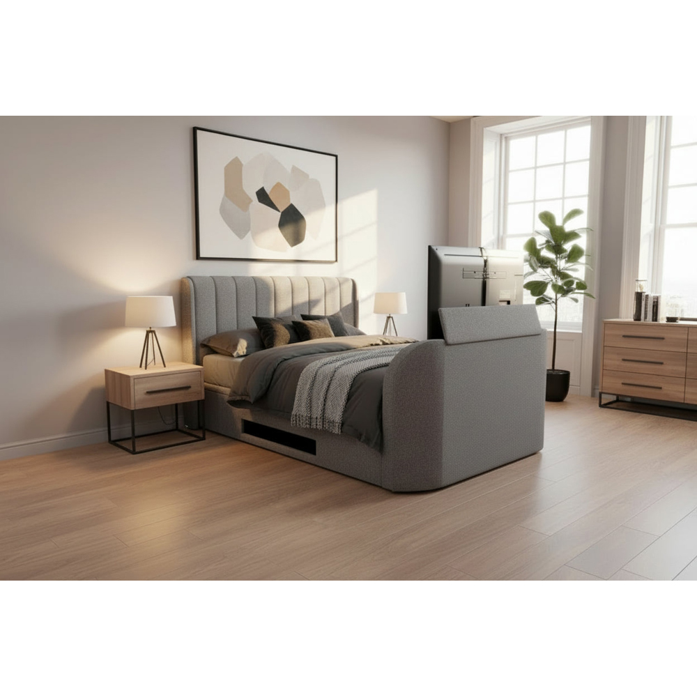 Webb Daniels Mayfair King Size Grey Fabric Ottoman Media TV Bed with 2.1 Soundbar Image 4