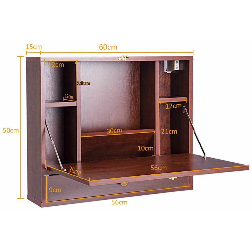Costway Single Drawer 6 Shelf Wall Mounted Foldable Desk Brown Image 9