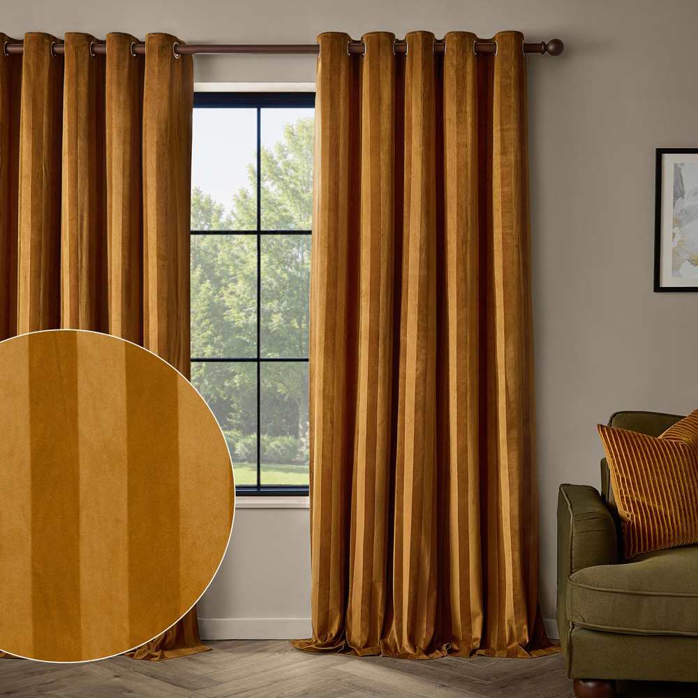 Paoletti Antique Gold Stripe Velvet Lined Eyelet Curtains 117 x 183cm Image 6