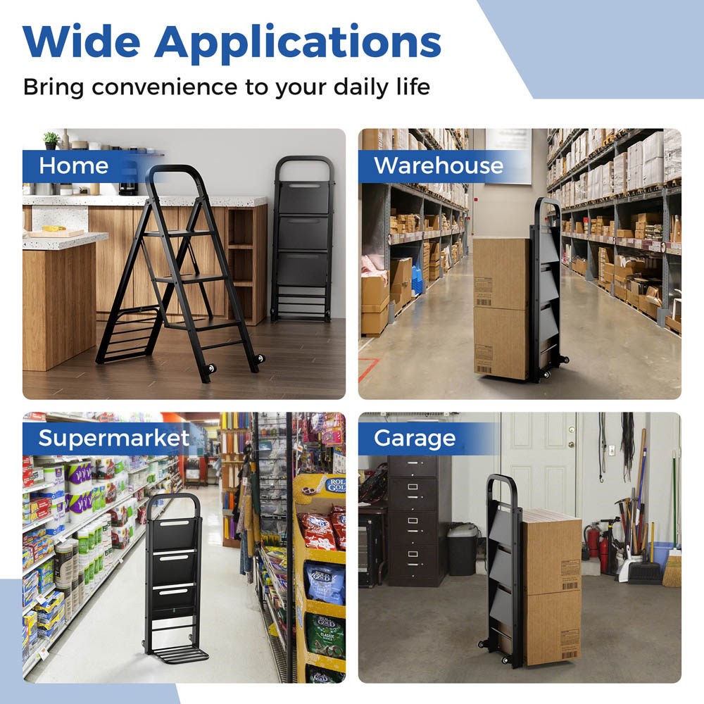 Costway Black 3 Step 2 in 1 Foldable Hand Truck and Ladder Image 5