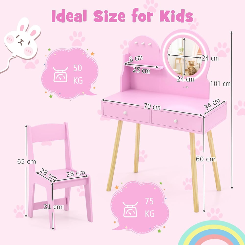 Costway 2 Drawer Pink LED Mirror Wooden Kid Vanity Set Image 6