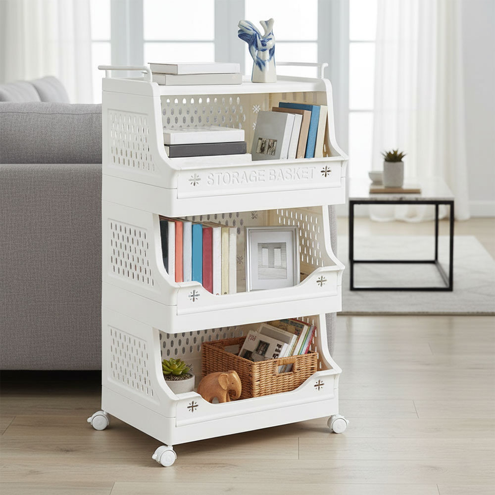 Living and Home 4-Tier White Foldable Plastic Storage Trolley Cart with Handles Image 2