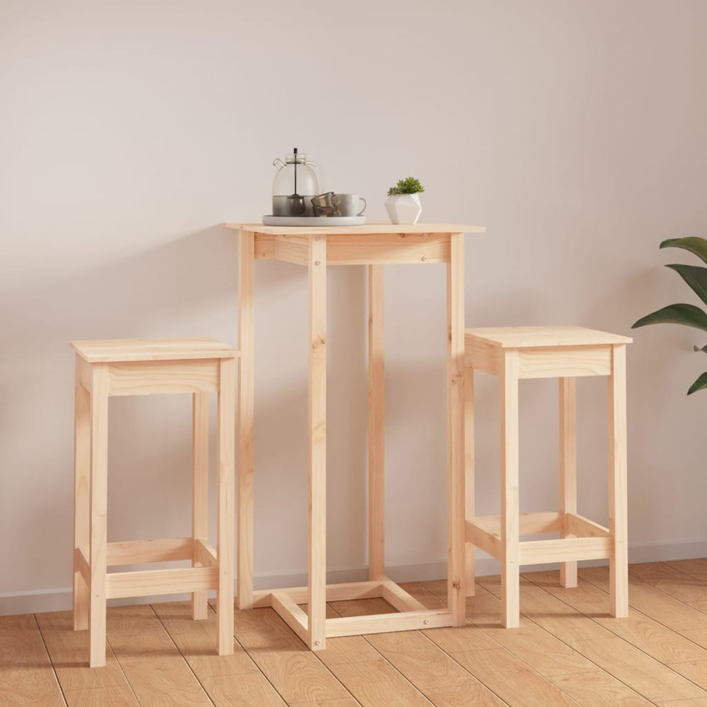 vidaXL Natural Solid Pine Wood Bar Table Set of 3 Image 9
