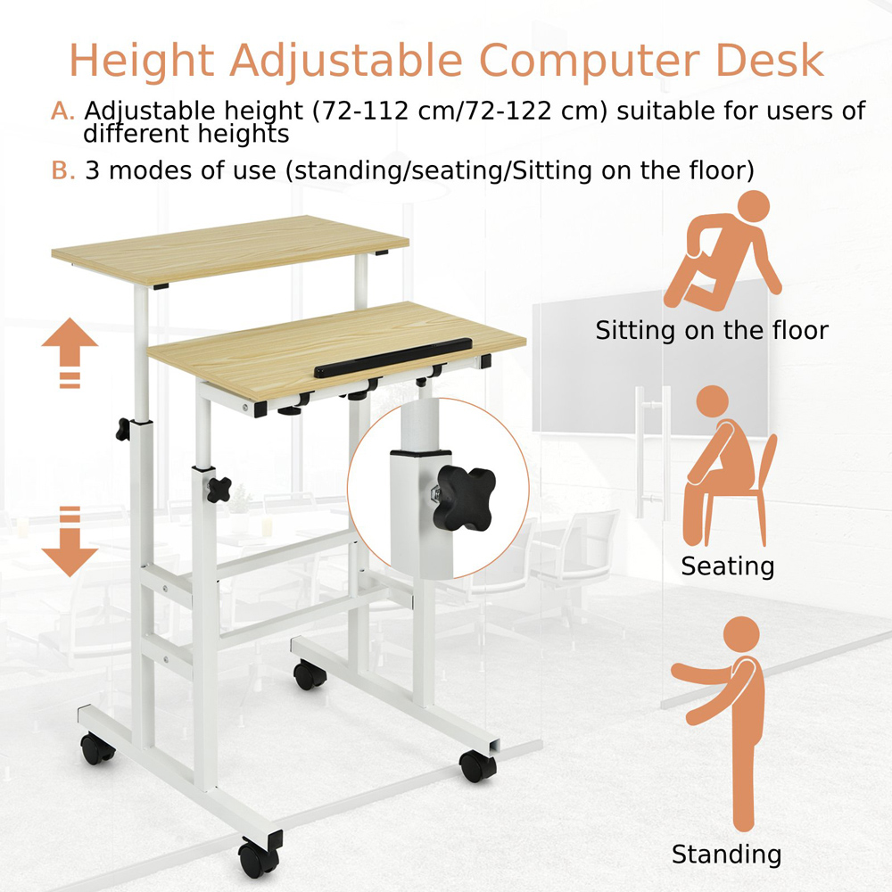 Costway Adjustable Standing Desk on Wheels Natural Image 4