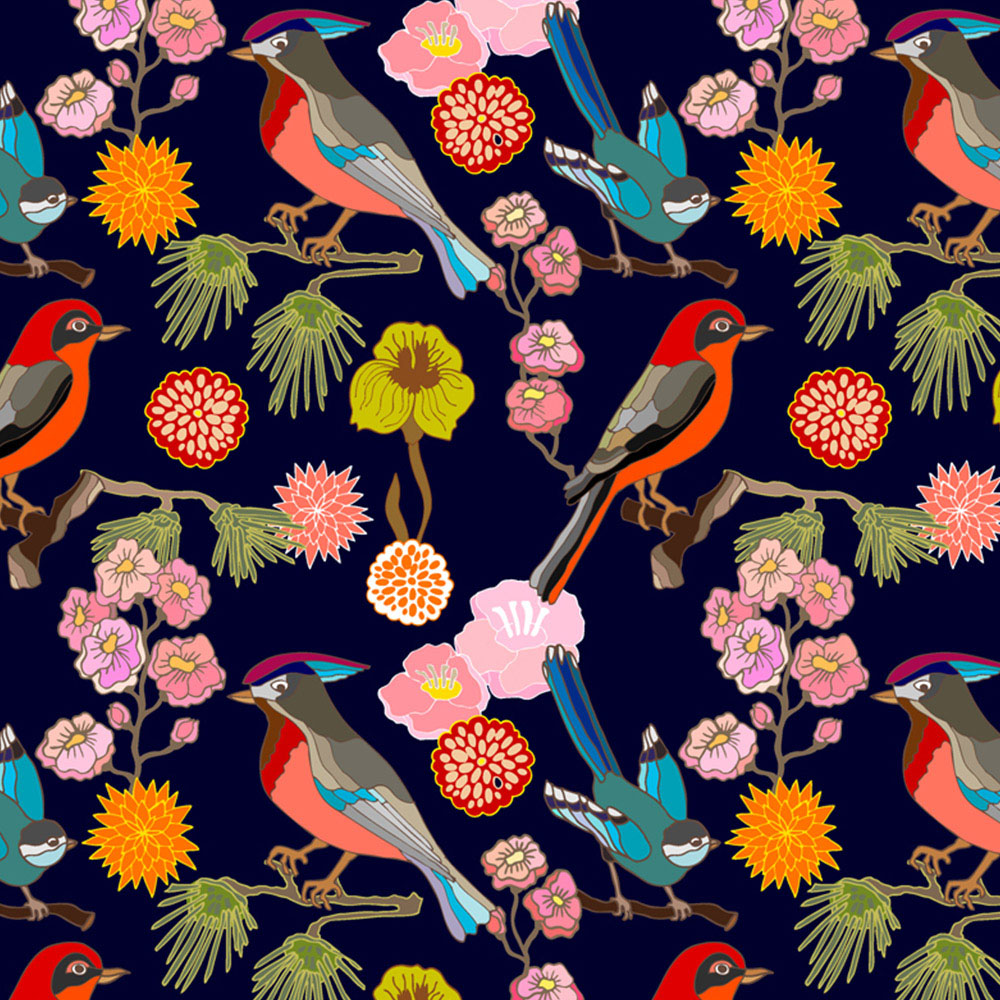 Origin Murals Floral Birds Blue Wall Mural Image 2