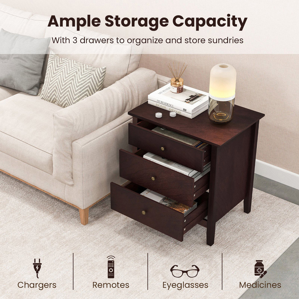 Costway 3 Drawer Brown Wooden Bedside Table Image 5