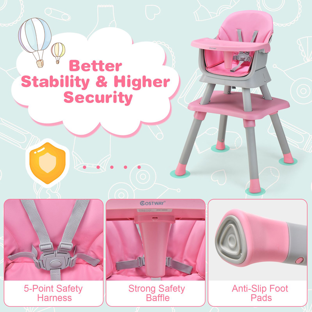 Costway Grey and Pink 6 in 1 Baby Highchair with Removable Tray Image 3
