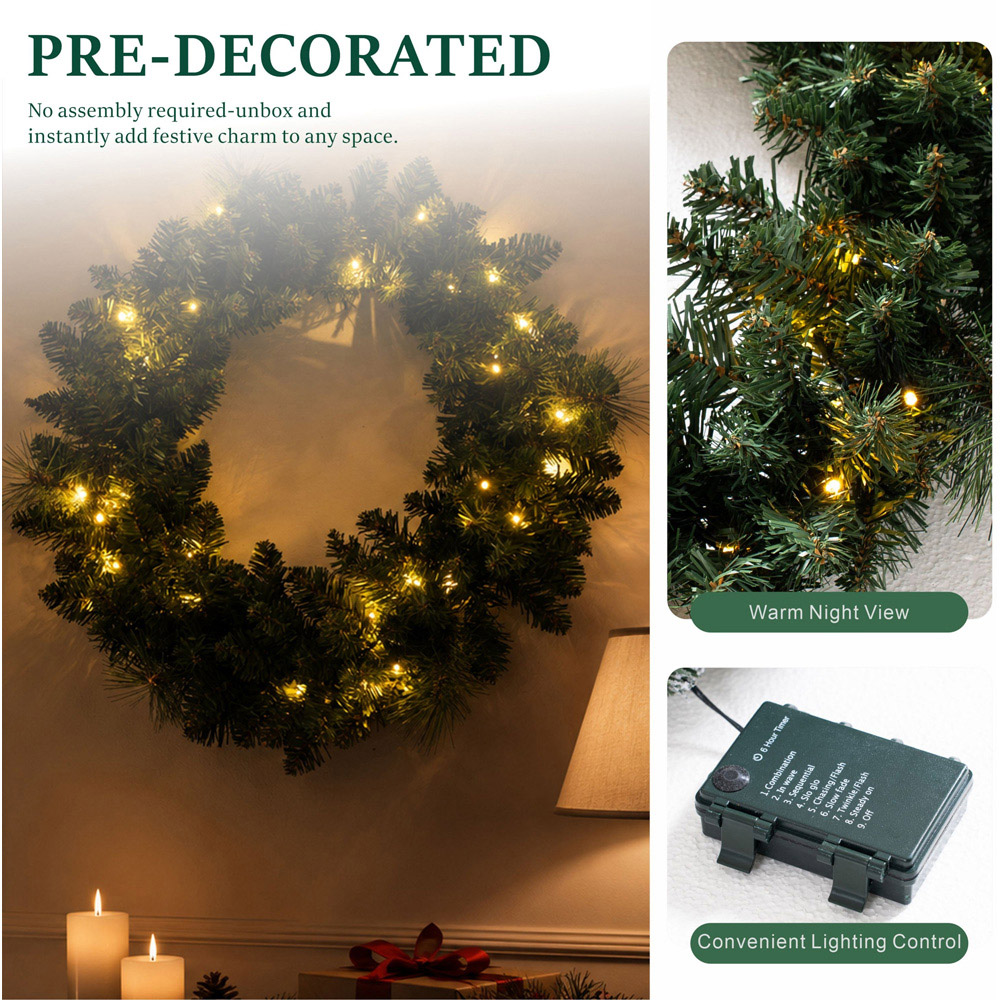 Abrihome 35 Warm White LED Multi-Function Artificial Christmas Wreath with 130 Tips 50cm Image 5
