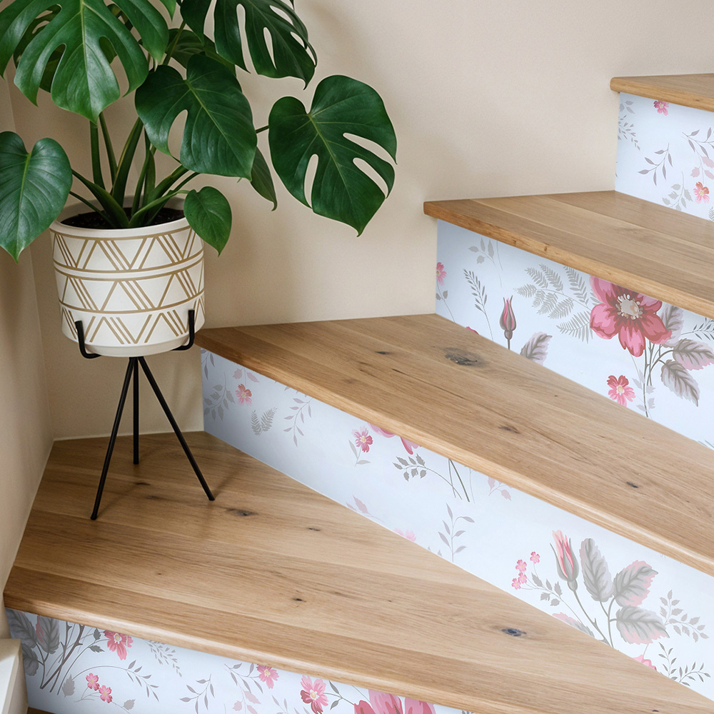 Living and Home Floral Pattern Red Self-Adhesive Peel and Stick Stair Riser Sticker 12 Pack Image 7