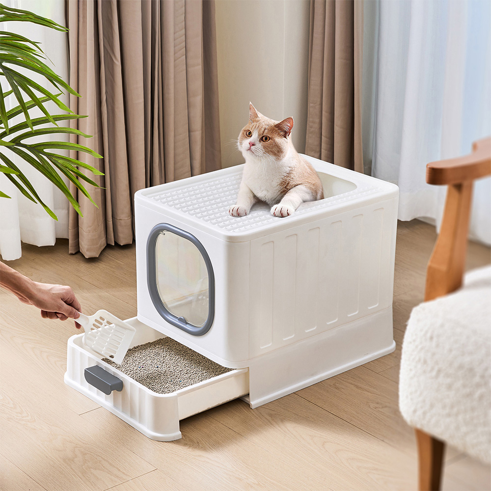 H&O Direct Enclosed Foldable Grey Cat Litter Box with Scoop Image 2