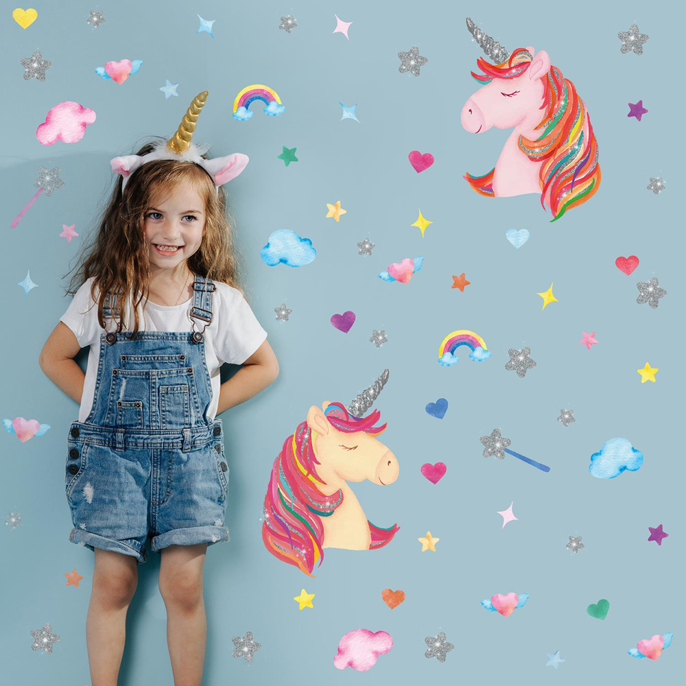 Walplus Kids Watercolour Unicorns with Glitter Stars Wall Stickers Image 2