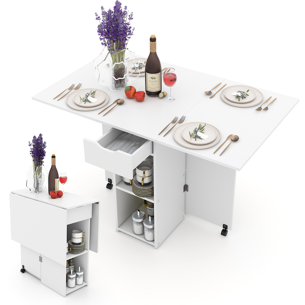Costway 4 Seater Foldable Dining Table with Wheels White Image 3