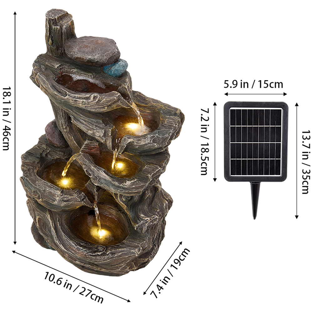 Living and Home 5-Tier Tree Trunk Wood and Rock Effect Solar LED Water Feature Image 5