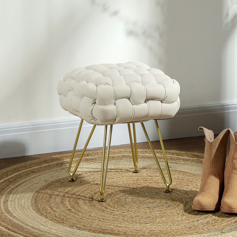 HOMCOM Cream White Woven Velvet Footstool with Metal Legs Image 4