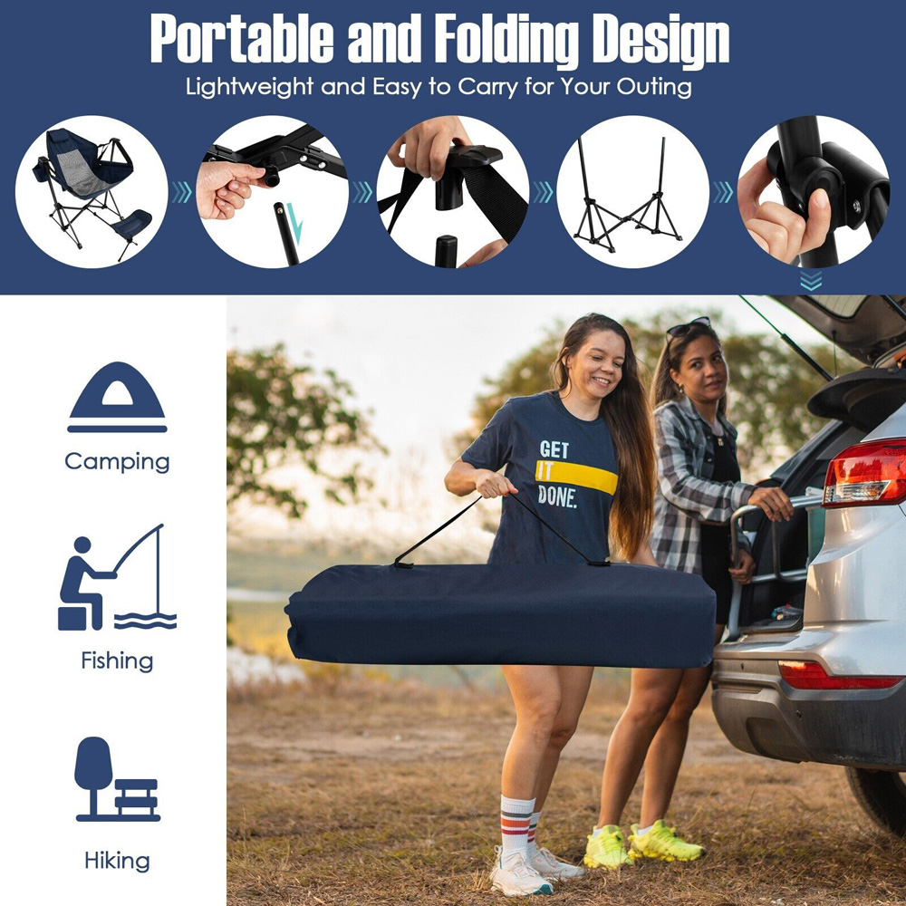 Costway Navy Folding Hammock Chair with Retractable Footrest Image 8