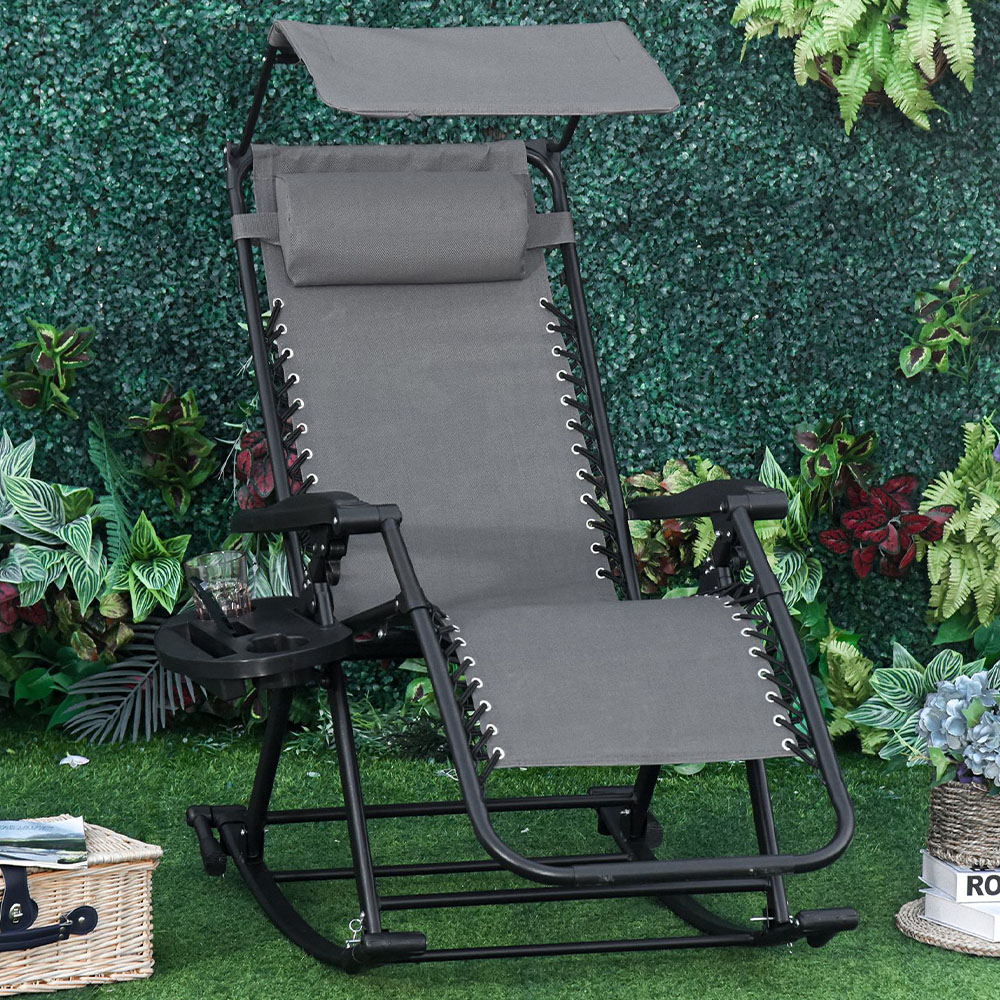 Outsunny Grey Zero-Gravity Foldable Recliner Garden Rocking Chair with Canopy Image
