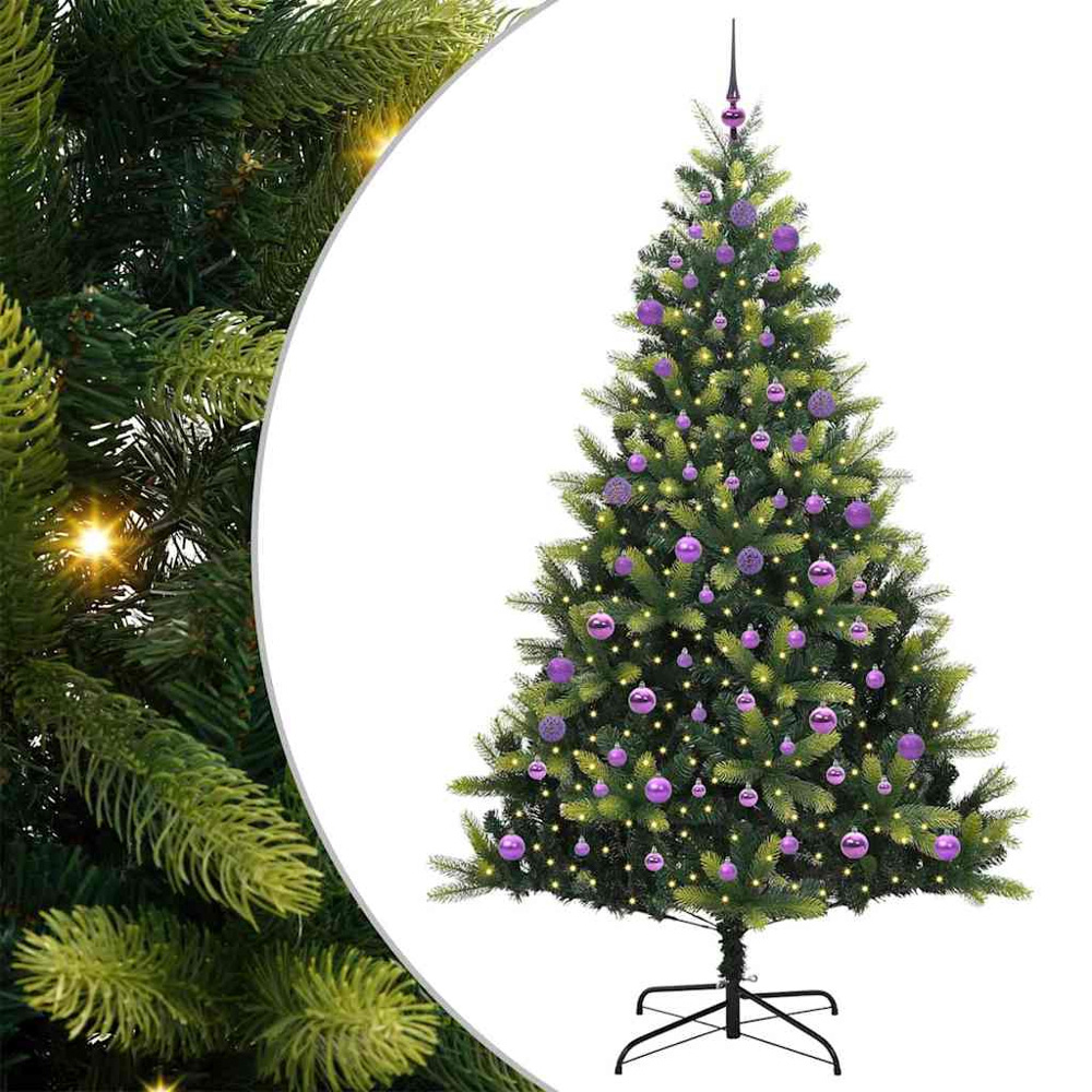 vidaXL Pre-Lit Lilac Baubles Green Artificial Hinged Christmas Tree 8ft Image 2