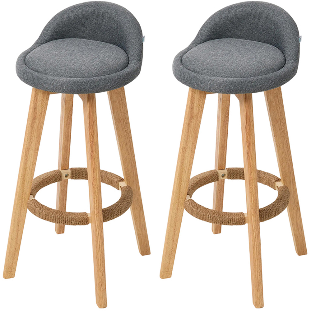 Living and Home Set of 2 Grey Linen Bar Stools with Wood Legs Image 2
