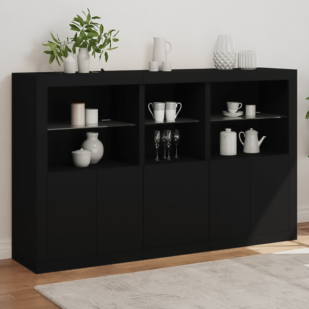vidaXL 5 Door 6 Shelf Black Wooden Sideboard with LED Lights Image 1