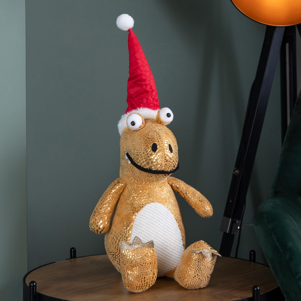Samuel Alexander Sitting Gold Plush Zilla Dino with Santa Hat Christmas Decoration 60cm Image 2