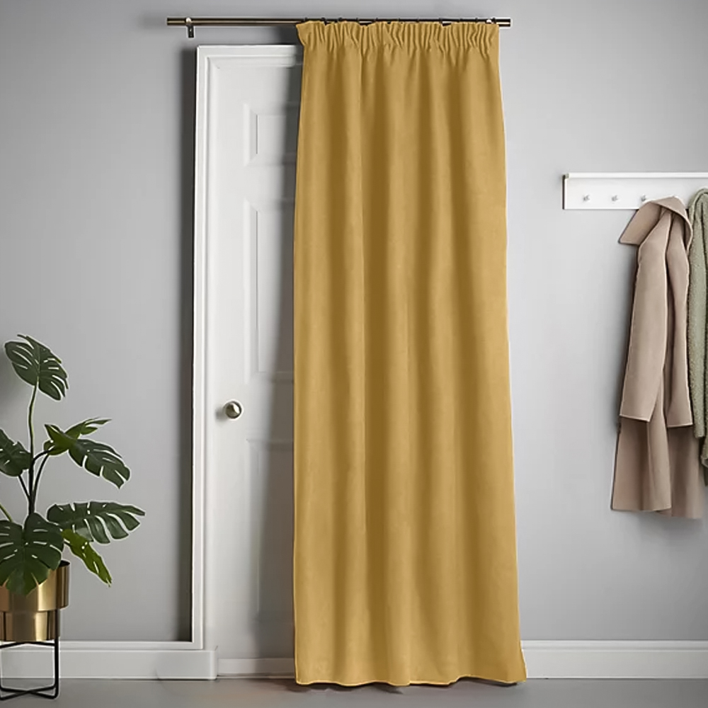 Alan Symonds Ochre Velvet Chenille Fleece Lined Pencil Pleat Taped Top Curtains 137 x 213cm Image 1