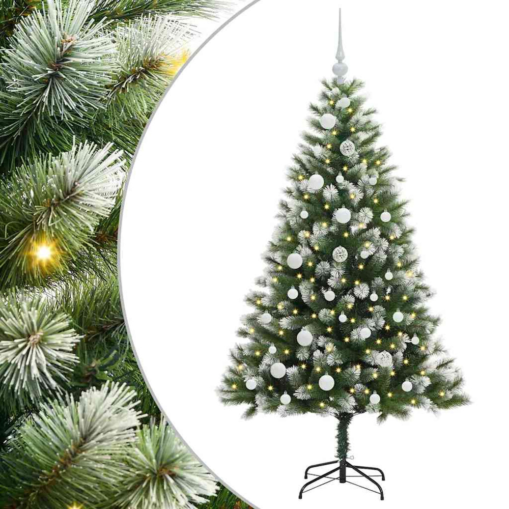 vidaXL Pre-Lit White Baubles Green Artificial Snow Tipped Hinged Christmas Tree 5ft Image 2