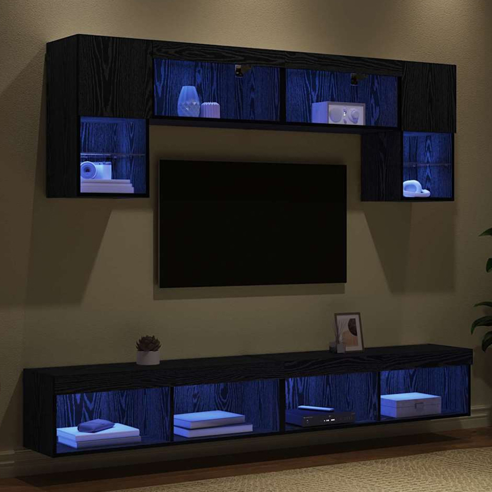 vidaXL 2 Door 10 Shelf Black Oak TV Wall Unit with LED Lights Set of 6 Image 1