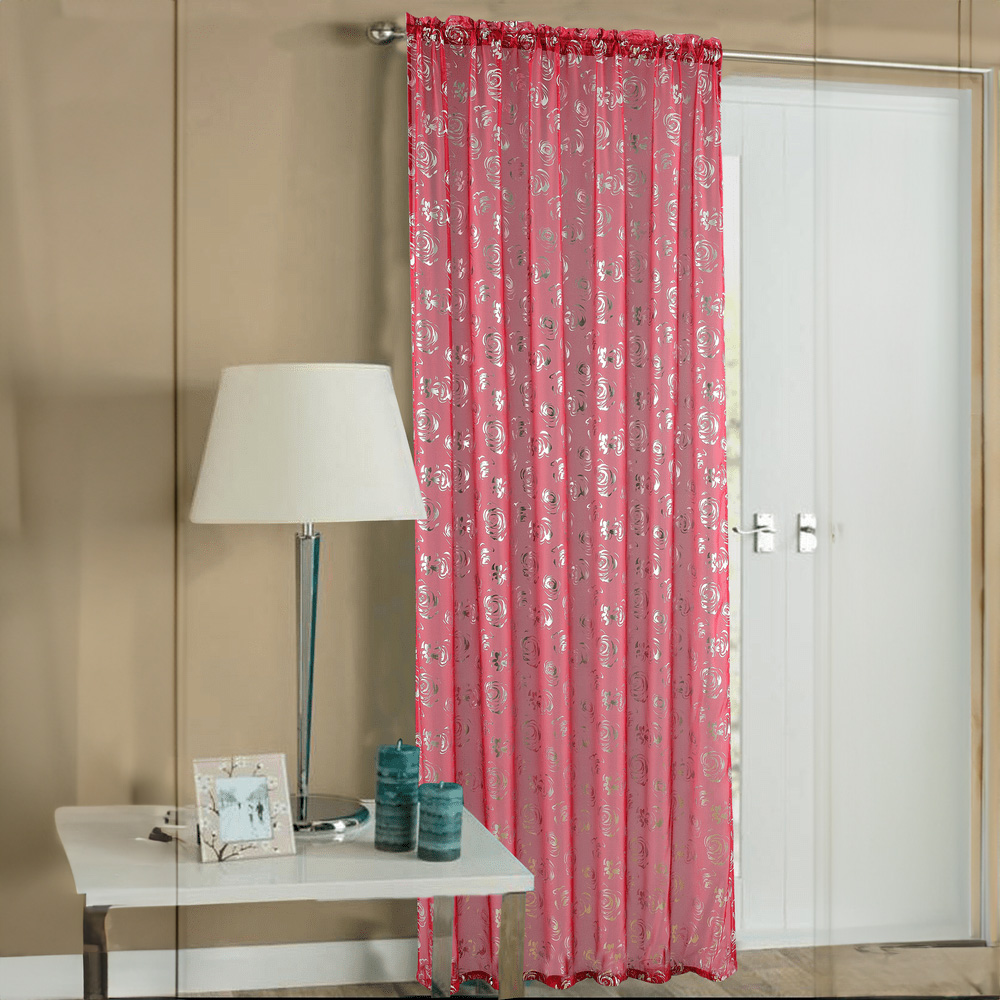 Velosso Geneve Red Foil Flower Voile Panel Curtain 150 x 122cm Image 1