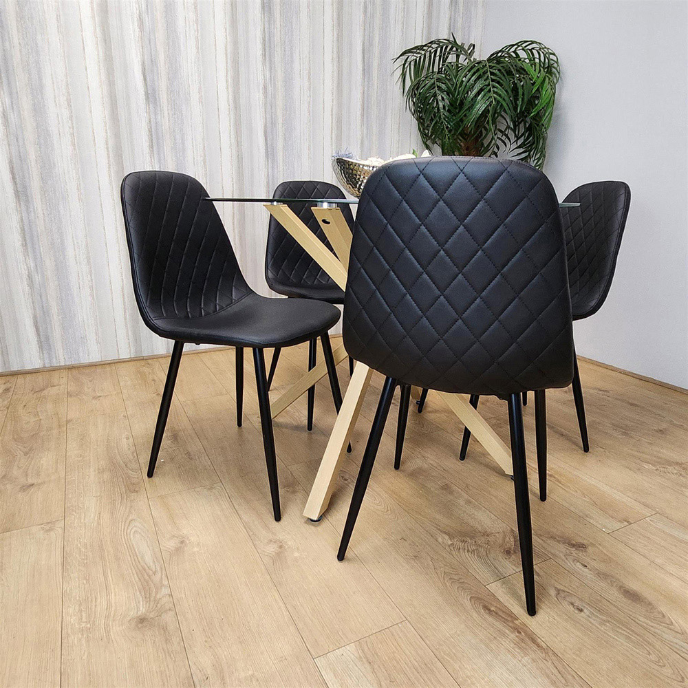Kosy Koala 4 Seater Glass and Faux Leather Gem Pattern Round Dining Set Black Image 3