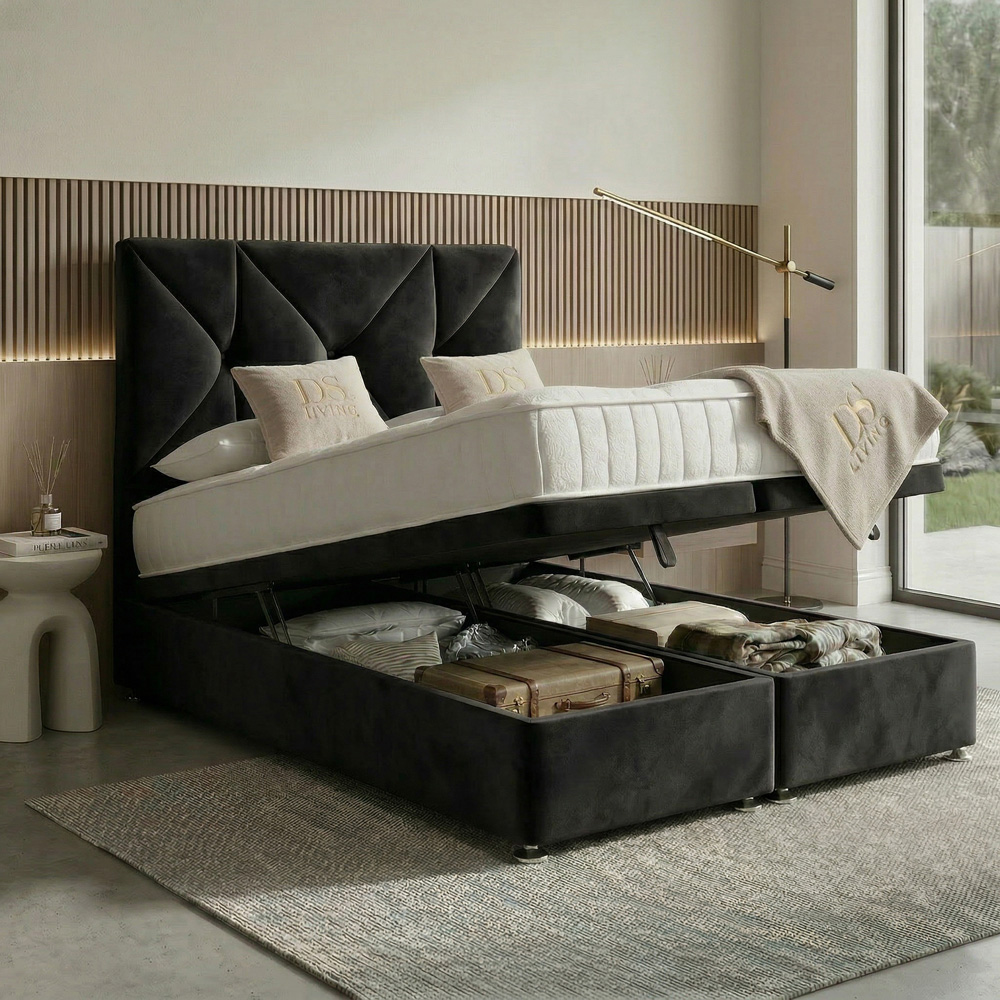 DS Living Eclipse Single Black Plush Velvet Ottoman Bed Image 2
