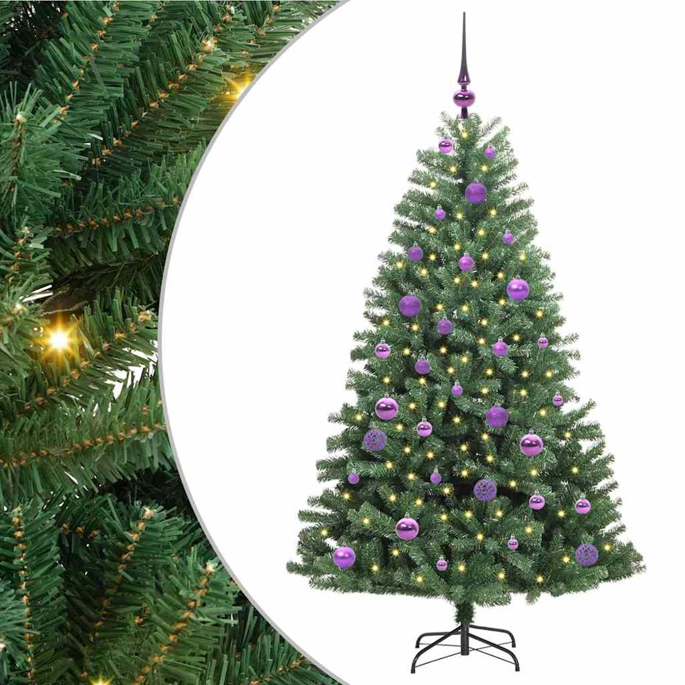 vidaXL Pre-Lit Lilac Baubles Green Artificial Hinged Christmas Tree 5ft Image 2