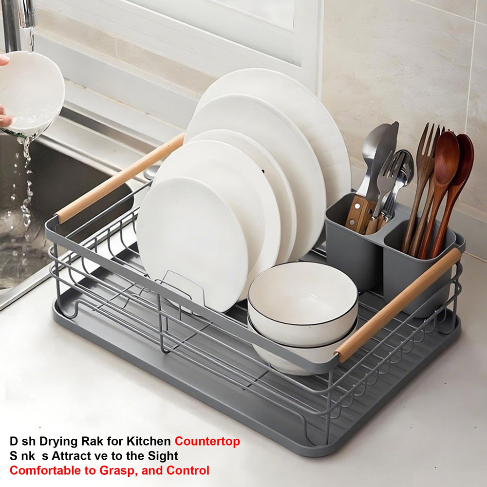 ATEK Grey Wooden Handle Dish Drying Rack with Drain Tray and Cutlery Holder Image 6